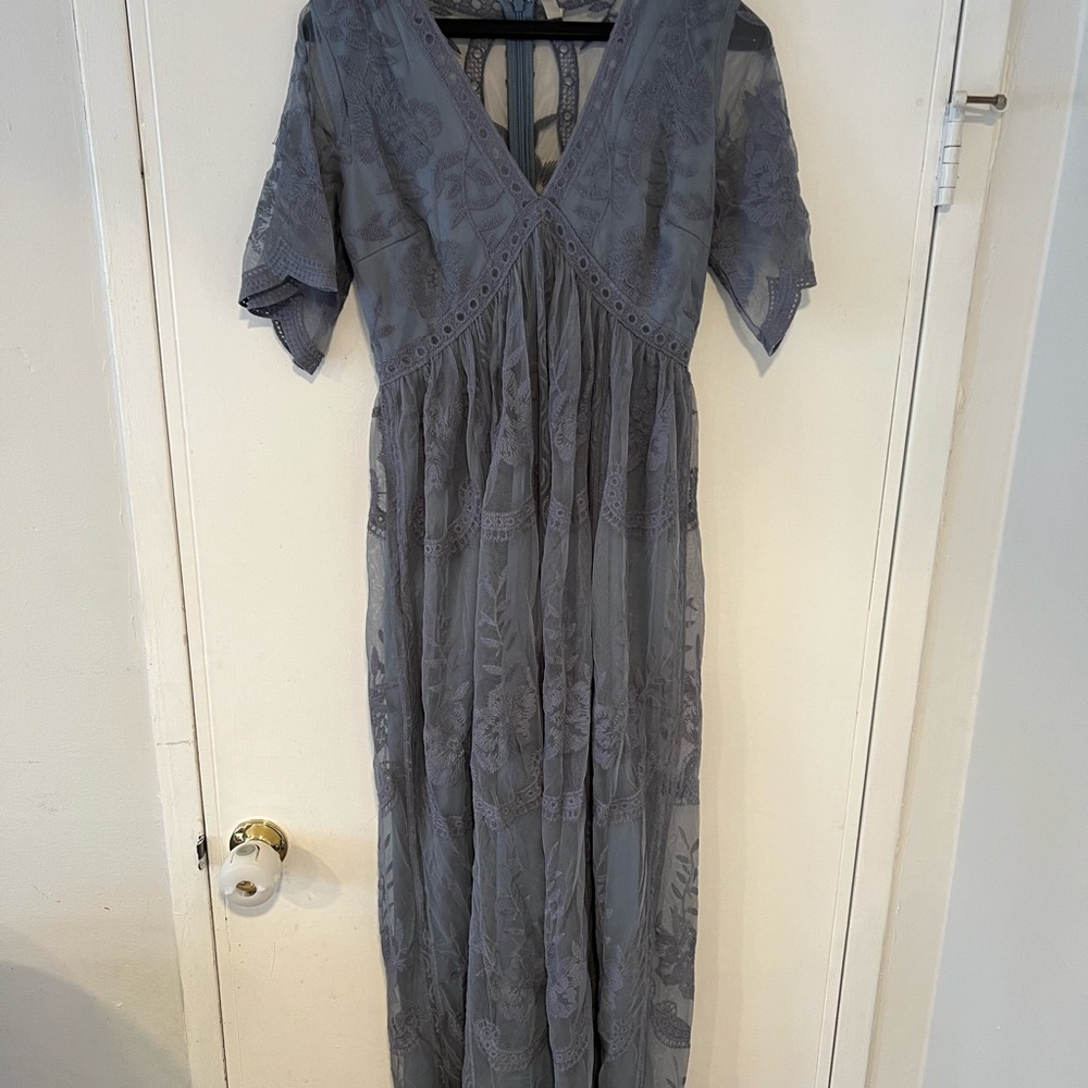 Pinkblush Gray/Blue Flutter Sleeve V-Neck Ruched Maternity Dress